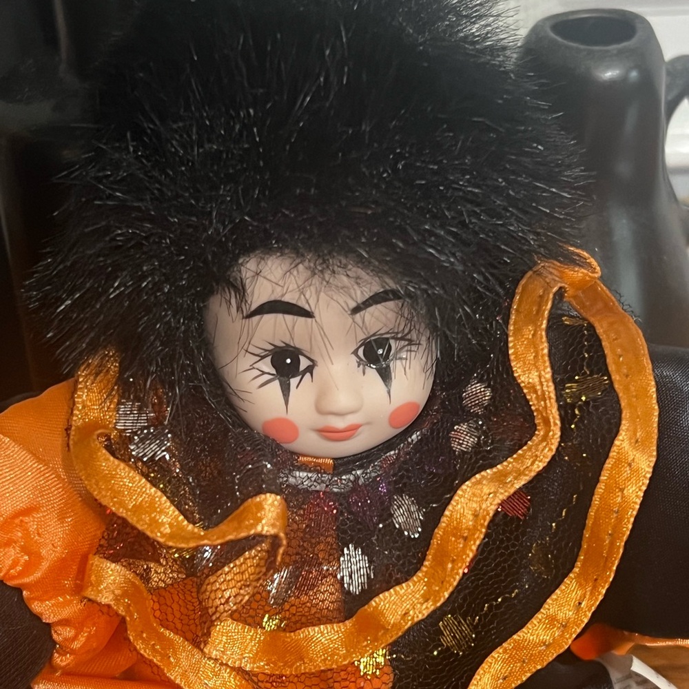 Black and Orange Clown Doll with Fur Hat - Picture 2 of 4